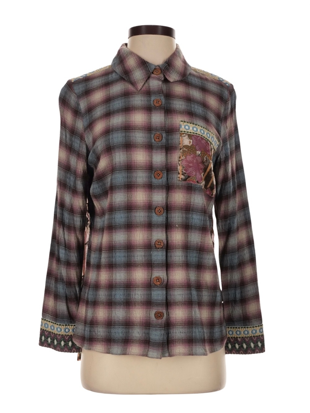 Soft Surroundings Floral Embroidery Plaid Button Up Shirt Long Sleeve Small